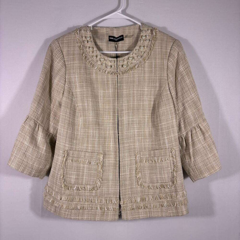 NWT Karl Lagerfeld Tweed Beige Bell Sleeve Women's Blazer Pearl Trim Size 14W C1 - Picture 1 of 9